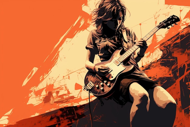 Silhouette of a 18 year old girl Female rock singer play a Electric Guitar and sing front vintag