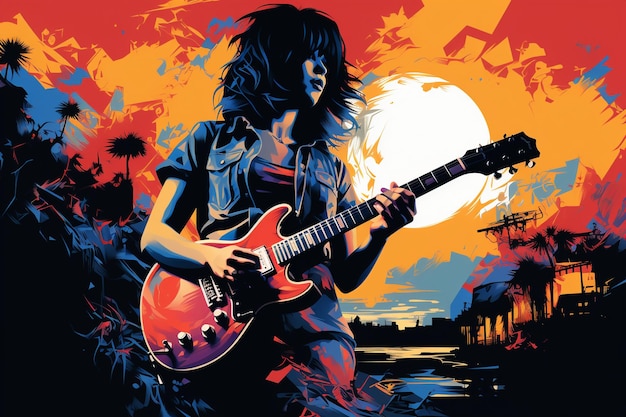 Silhouette of a 18 year old girl Female rock singer play a Electric Guitar and sing front vintag