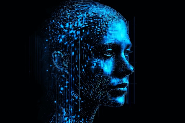 Silhouette of a 3d human head made of dots and particles Concept of Artificial intelligence and Neural Network Generative Ai