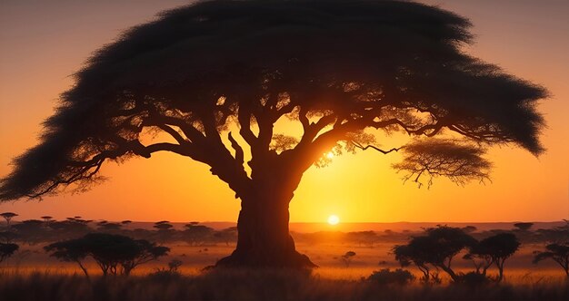 Silhouette of acacia tree in african sunset Generative AI