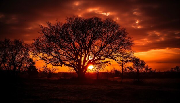 Photo silhouette of acacia tree back lit by orange sunset sky generated by ai