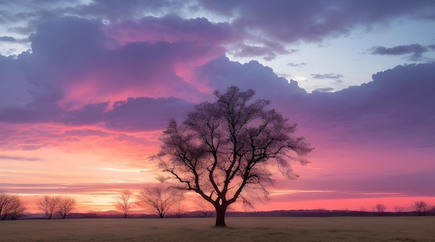 アフリカの平原で静かな夜明けのアカシアの木のシルエットがAIによって生成されました