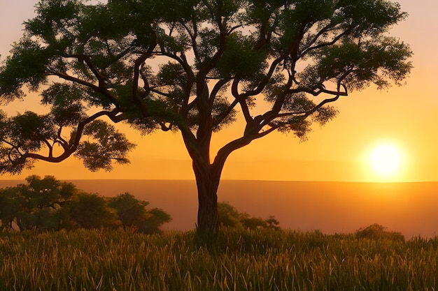 アフリカの劇的な夕日のアカシアの木のシルエット