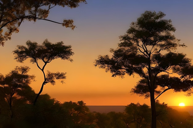 Silhouette of Acacia Trees at a dramatic sunset in Africa