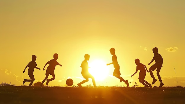 Photo silhouette action sport outdoors of a group of kids having fun playing soccer footba generative ai