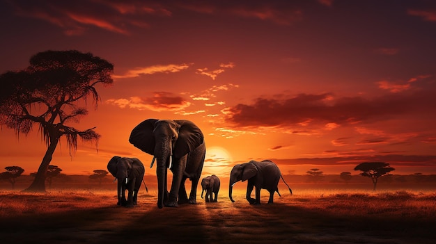 Silhouette of African Elephants at Sunset or Sunrise