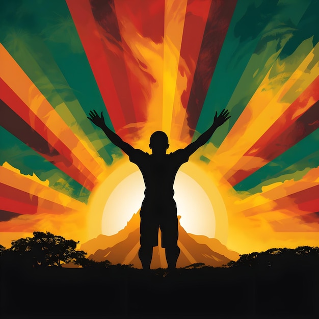 silhouette of an african person with arms raised in victory and a rising sun in African flag colors