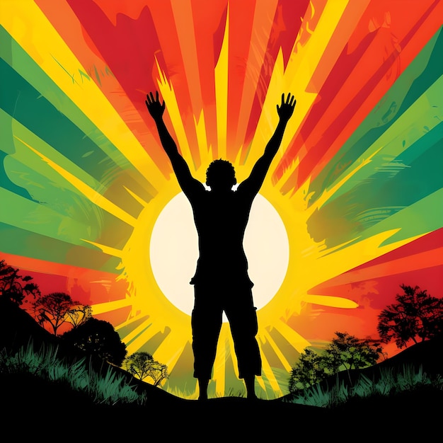 silhouette of an african person with arms raised in victory and a rising sun in African flag colors