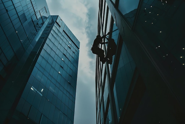 A silhouette against the urban skyline a figure scales a skyscraper symbolizing ambition determinati