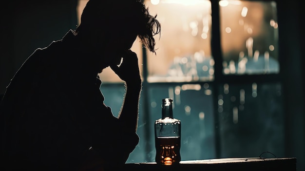 Photo silhouette of an alcoholic in despair