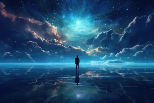 Silhouette of alone person looking at heaven Lonely man standing in fantasy landscape with shining cloudy sky Meditation and spiritual life Created with Generative AI