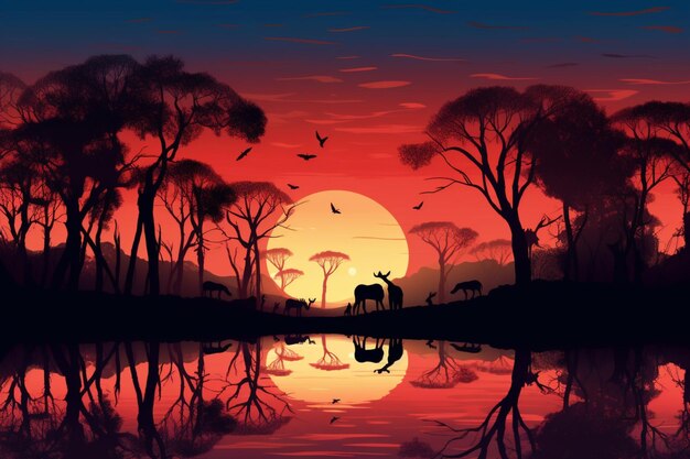 Silhouette of animals in the wild at dusk