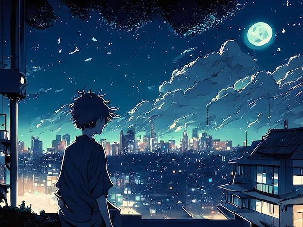 silhouette anime cityscape scenery in the night