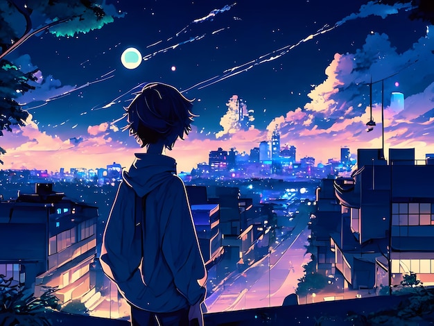 silhouette anime cityscape scenery in the night