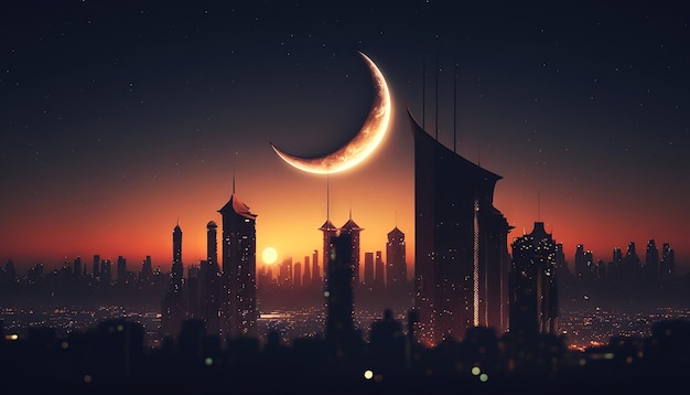 Silhouette of arabian city at night with a crescent moon Ramadan Kareem Generative AI