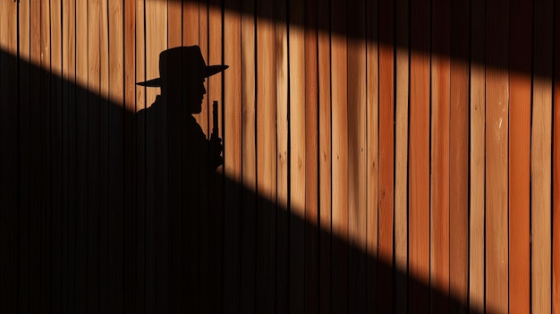 Silhouette of an armed male on a wooden fence