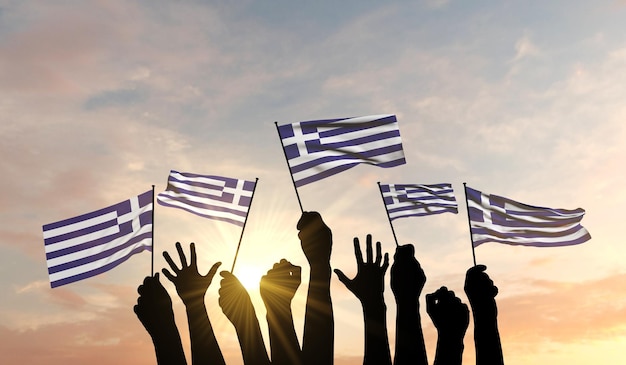 Silhouette of arms raised waving a greece flag with pride d rendering