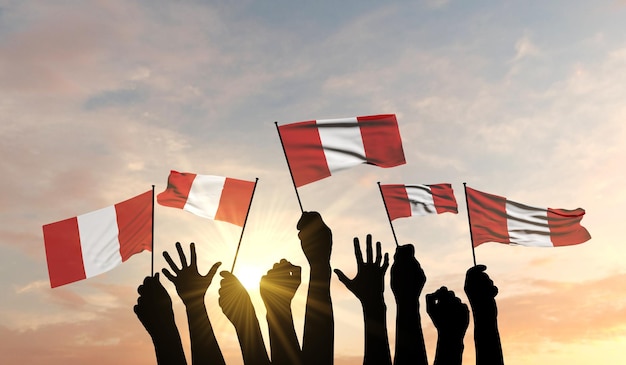 Silhouette of arms raised waving a peru flag with pride d rendering