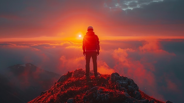 山の上で日の出を背景にした宇宙飛行士のシルエット