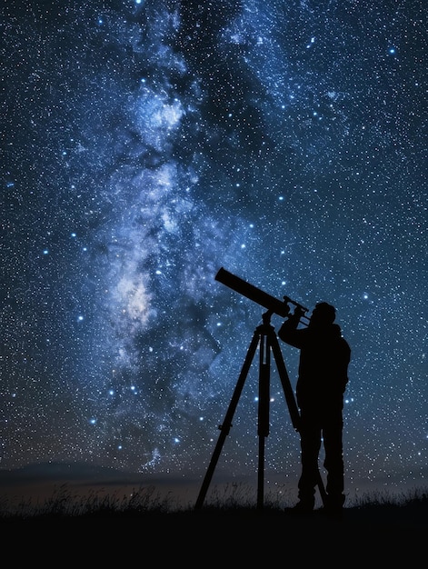 Silhouette of an astronomer using a telescope to gaze at the starfilled Milky Way galaxy on a clear night