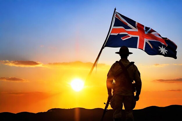 Photo silhouette of an australian soldier with arms reversed against a golden sunrise crosses and the australian flag