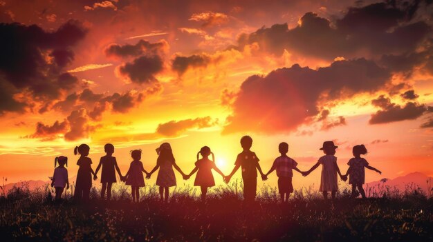 Silhouette back refugee kid groupResponsibleKid child boy and girl worshipWorld kids day Pray and worship Hope freedom Diverse Faith