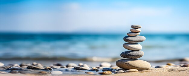 Photo silhouette of a balanced pebble pyramid on a beach with the ocean in the background