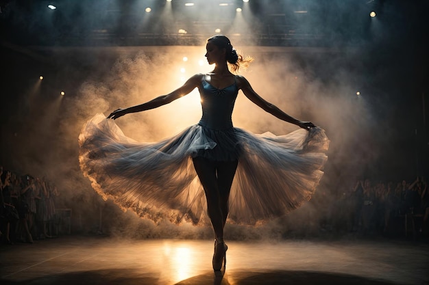 silhouette of a ballerina on stage in smoke ai generative