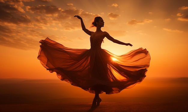 A silhouette of Ballet dancer in the sunset