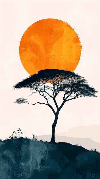 Silhouette of a Baobab Tree on Sunset Serene Landscape Illustration