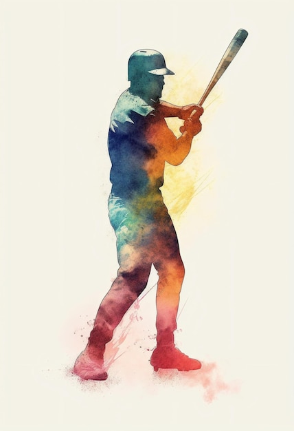 Silhouette of baseball player holding a bat in watercolor style Created with Generative AI