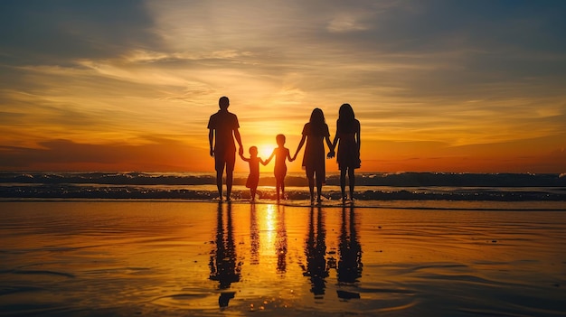 Silhouette beach and family holding hands in sunset on a holiday or vacation at sea or ocean together