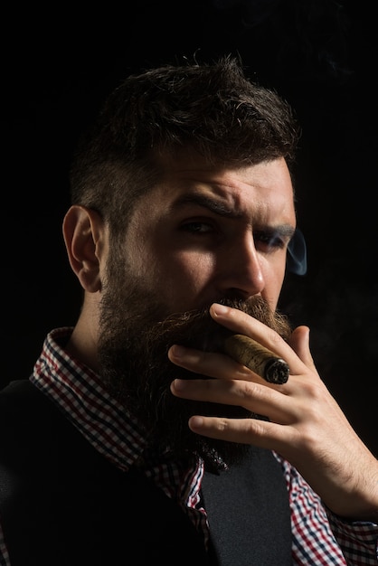 Silhouette of bearded man with cigarette barber shop fashionable bearded men smoldering cigars smoke