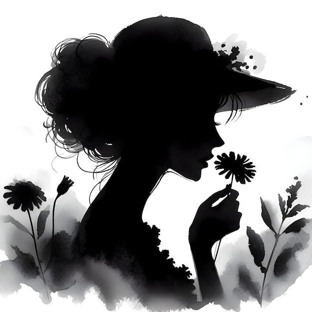 Silhouette of a beautiful girl with a flower on a white background
