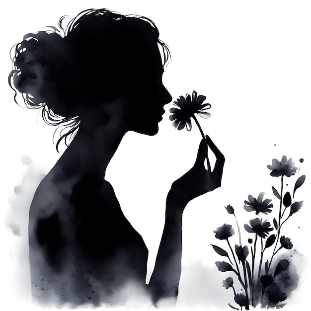 Photo silhouette of a beautiful girl with a flower on a white background