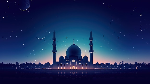 силуэт красивой мечети на фоне красивого ночного праздника ид аль адха