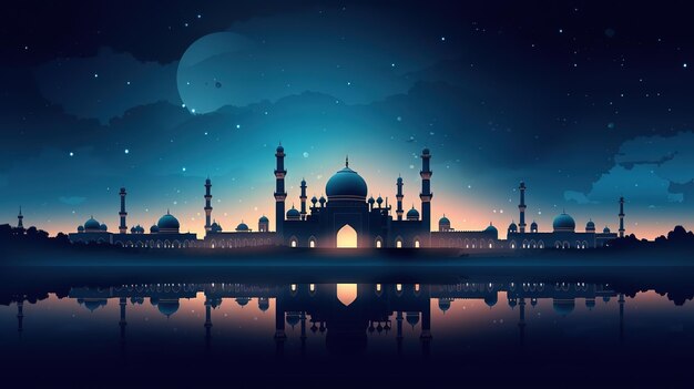 Photo silhouette of beautiful mosque at beautiful night celebration eid al adha background