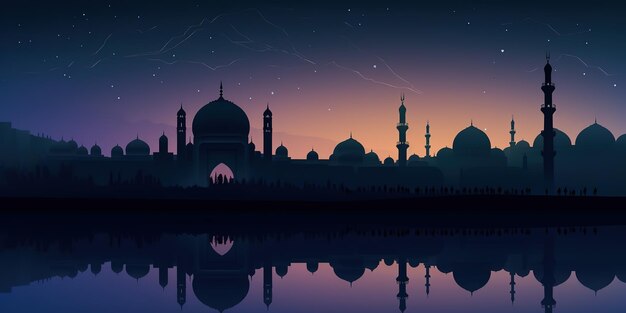 Photo silhouette of beautiful mosque at beautiful night