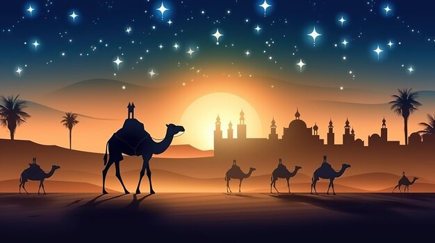 silhouette of beautiful mosque and camel on desert at beautiful night celebration eid aldha