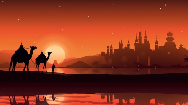 силуэт красивой мечети и верблюда в пустыне на красивом ночном празднике ид альдха