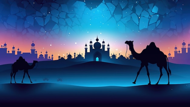 아름다운 밤 축제 eid aldha에서 사막에 아름다운 모스크와 낙타의 실루엣