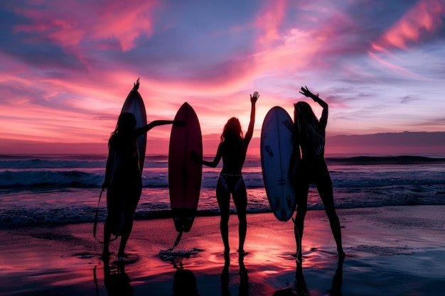 Silhouette of beautiful people posing on a beach at sunset with surfboards