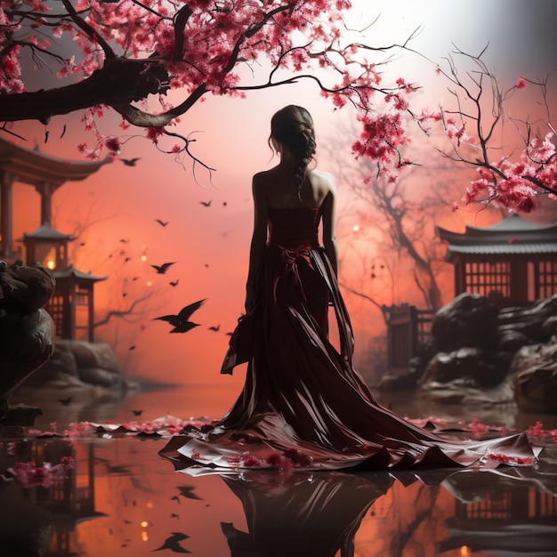 силуэт красивой женщины в королевском платье и падающие вишневые цветы на спину японца