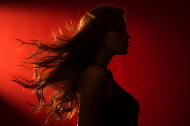 Silhouette of a beautiful woman with her hair blowing in the wind