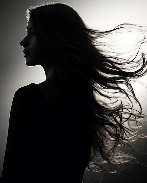 silhouette of a beautiful woman with her hair blowing in the wind