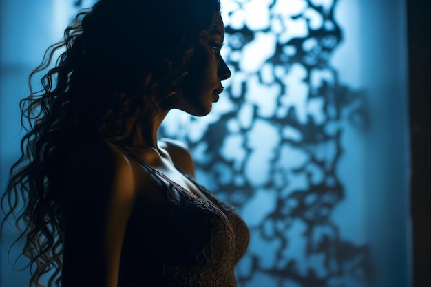 силуэт красивой женщины с длинными вьющимися волосами, стоящей перед окном