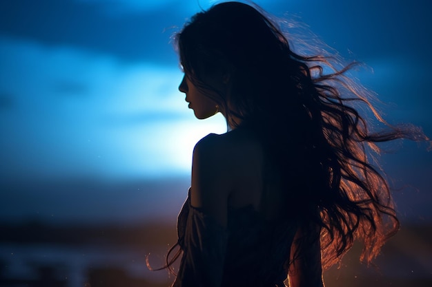 silhouette of a beautiful woman with long hair at sunset