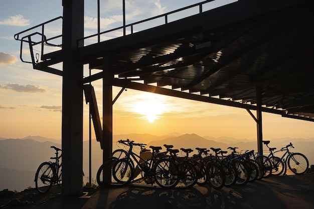 山の自転車駐車場のシルエット