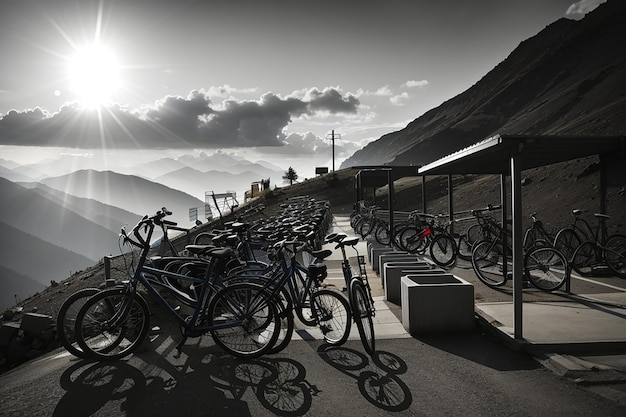 山の自転車駐車場のシルエット