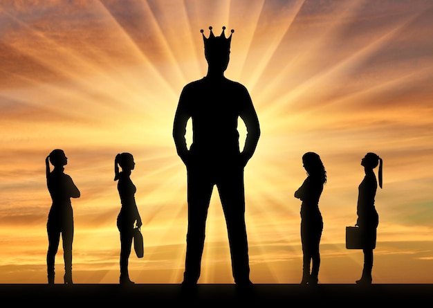 Silhouette of a big man with a crown and four small women near him. The concept of gender inequality